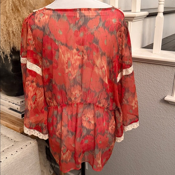 Free People Day Dreamer Red Orange Batwing Sleeve Lace Blouse Size Large - Picture 4 of 8